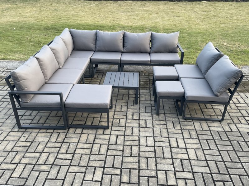 Fimous 12 Seater Patio Outdoor Garden Furniture Aluminium Lounge Corner Sofa Set with Square Coffee Table with 3 Footstools Dark Grey