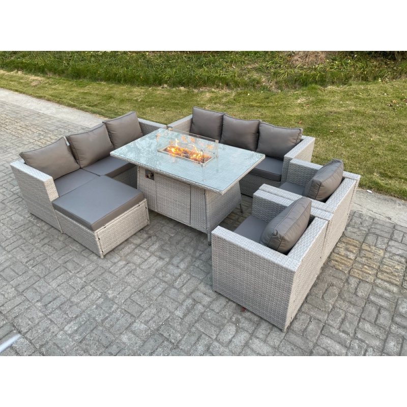 Fimous Light Grey Rattan Garden Furniture Set Gas FirePit Dining Table Heater Burner Lounge Sofa Set Chairs Footstool