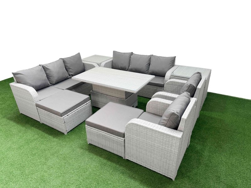 Fimous PE Rattan High Back Lounge Sofa Set Patio Adjustable Lifting Dining or Coffee Table & Chairs Set with 3 Seater Sofa Reclining Chair 2 Big Footstool 2 Side Table Light Grey