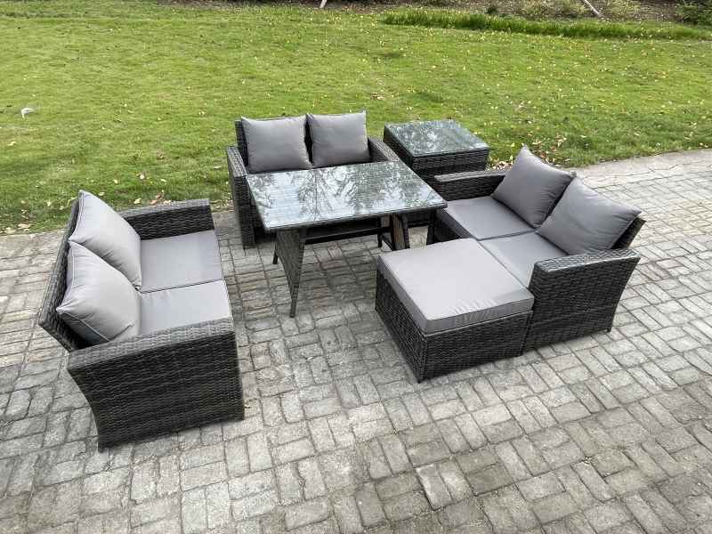 Fimous 7 Seater Rattan Wicker Garden Furniture Patio Conservatory Sofa Set with Rectangular Dining Table Love Seat Sofa Big Footstool Side Table