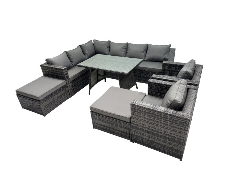 Fimous 10-seater Outdoor PE Rattan Sofa Set with Dining Table Patio Garden Furniture Sets with 2 Chair 2 Big Stools Dark Grey Mixed