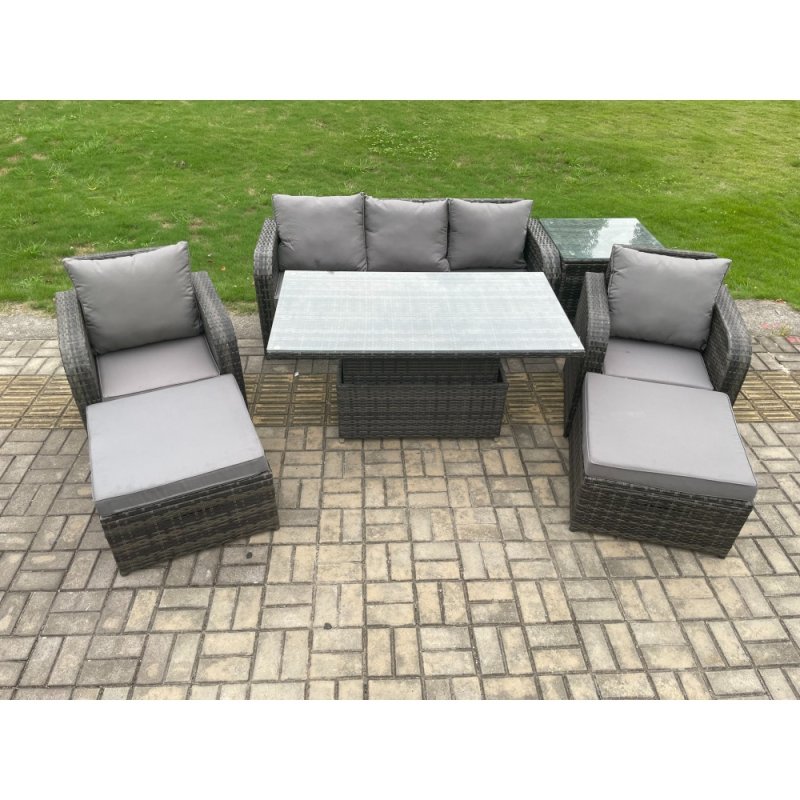 Fimous Outdoor Rattan Furniture Garden Dining Sets Height Adjustable Rising lifting Table Sofa Set With Chairs Side Tables 2 Big Footstools