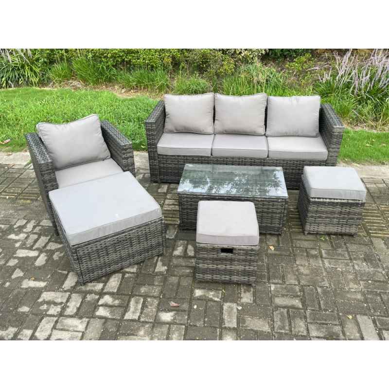 Fimous Rattan Garden Furniture Set with 3 Seater Sofa Coffee Table Armchair 3 Footstools Indoor Outdoor Patio Lounge Sofa Set Dark Grey Mixed