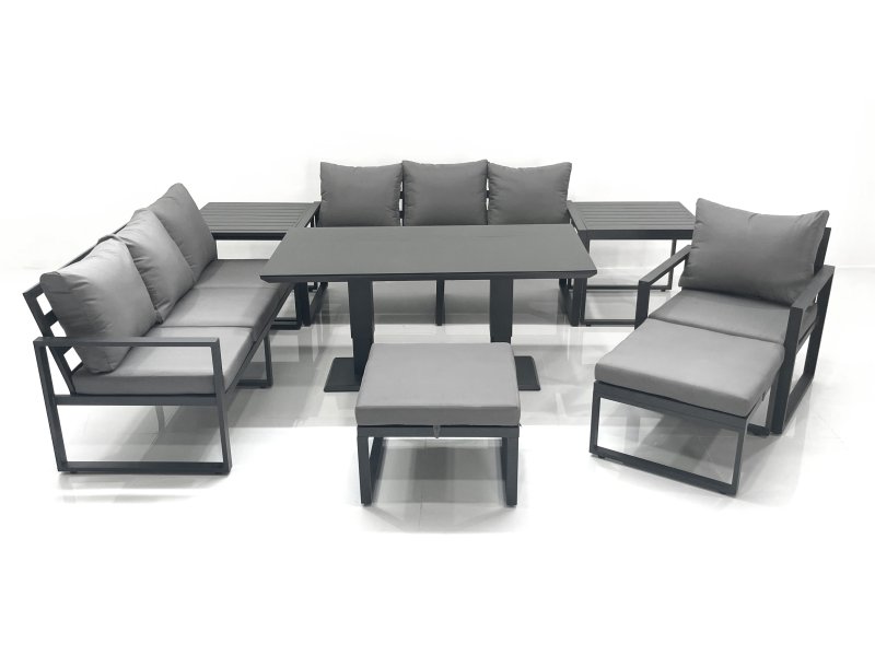 Fimous Outdoor Garden Furniture Set Aluminium Lounge Sofa Adjustable Rising Lifting Dining Table Sets with 2 Big Footstools 2 Side Tables Dark Grey