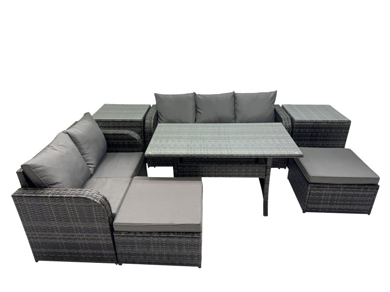 Fimous 7 Seat Outdoor Wicker PE Rattan Garden Furniture Set Dining Table Sofa Sets with 2 Big Stools 2 Side Tables Dark Grey Mixed