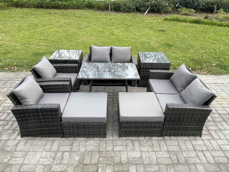 Fimous Garden Furniture Sets 9 Pieces Wicker Rattan Furniture Manual Wicker Patio Sofa Patio Conversation Set with 2 Big Footstool 2 Side Tables Dark Grey Mixed