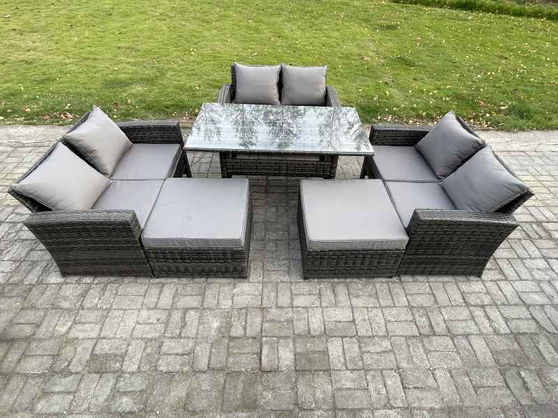 Fimous High Back Outdoor Garden Furniture Rattan Sofa Dining Table Set with 2 Big Footstool Dark Grey Mixed