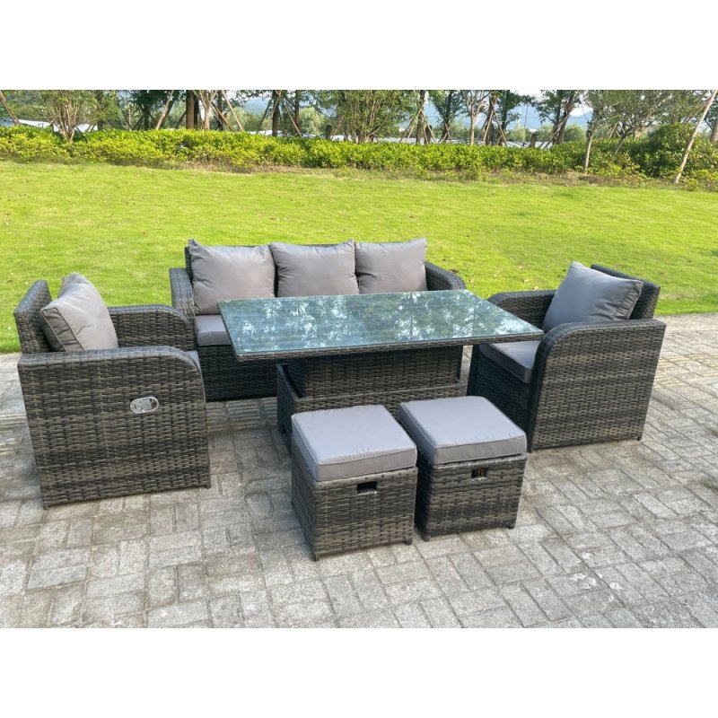 Fimous Dark Mixed Grey Rattan Outdoor Garden Furniture Lifting Adjustable Dining Or Coffee Table Sets Lounge Sofa Recling Chairs Footstools 7 Seater