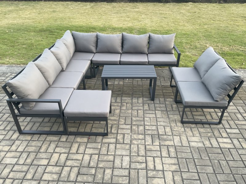 Fimous Aluminium 10 Seater Patio Outdoor Garden Furniture Lounge Corner Sofa Set with Oblong Coffee Table with Big Footstool Dark Grey