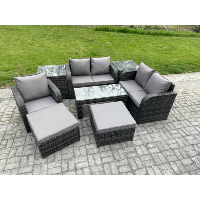 Fimous 8 Pcs Rattan Outdoor Garden Furniture Sofa Set Patio Table & Chairs Set with 2 Side Tables 2 Big Footstool Dark Grey Mixed