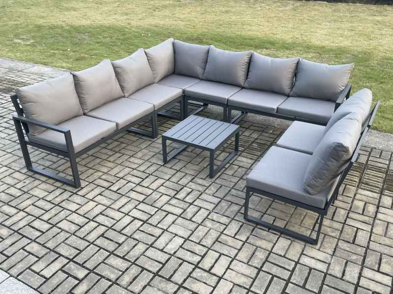 Fimous 9 Seater Patio Outdoor Garden Furniture Aluminium Lounge Corner Sofa Set with Square Coffee Table Dark Grey
