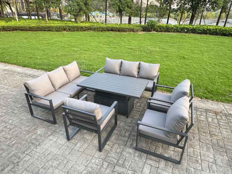 Fimous 10 Piece Garden Furniture Set 11-Seater Aluminium Outdoor Dining Set with Adjustable Rising Lifting Dining Table & Cushions 2 Side Tables 3 Footstools Dark Grey