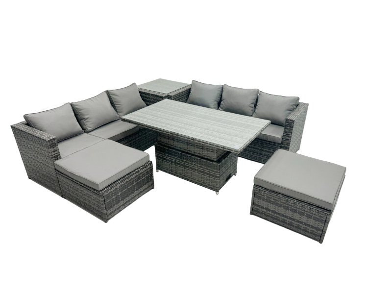 Fimous Rattan Dining Table Sofa Set with Side Table 2 Stools Outdoor 8 Seat Garden Furniture Set Dark Grey Mixed