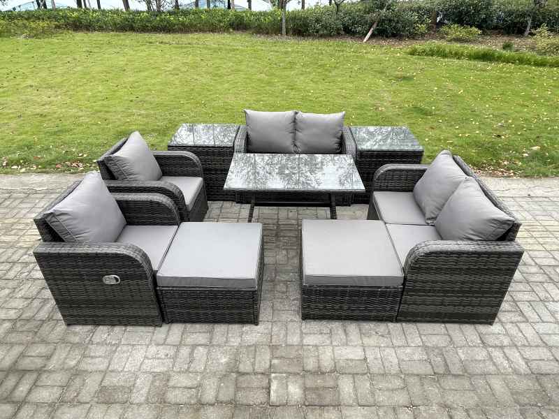 Fimous 8 Seater Wicker PE Rattan Garden Dining Set Outdoor Furniture Sofa with Rectangular Dining Table 2 Side Tables 2 Big Footstool Dark Grey Mixed