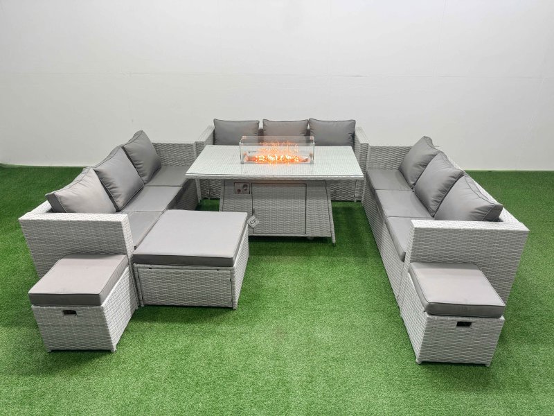 Fimous PE Rattan Lounge Sofa Set Outdoor Garden Furniture Set with Firepit Dining Table 3 Seater Sofa 3 Stools Light Grey