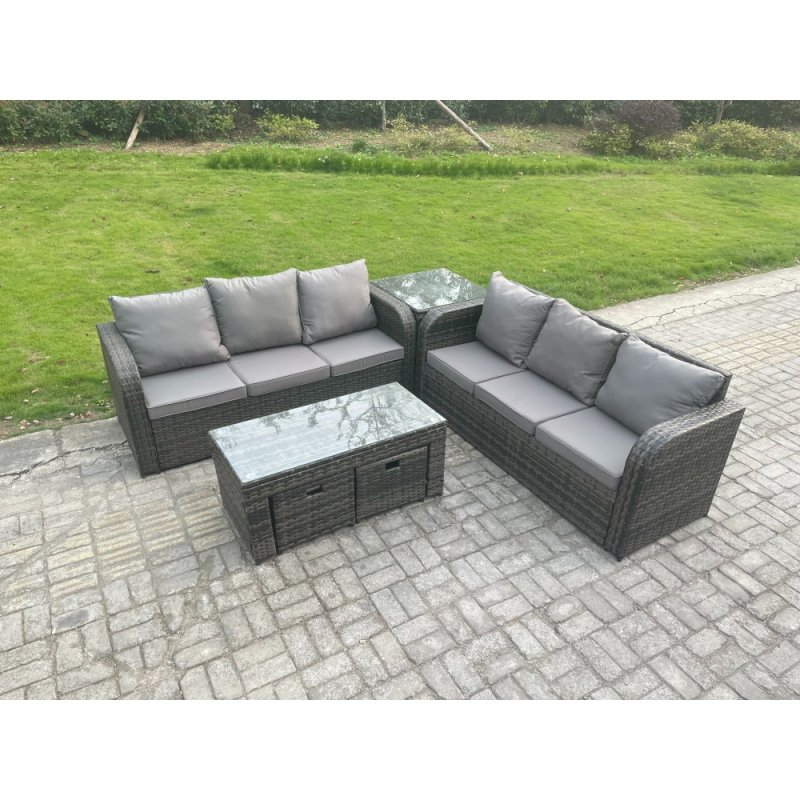 Fimous Outdoor Lounge Sofa Set Rattan Garden Furniture Set with Rectangular Coffee Table 2 Small Footstools 3 Seater Sofa Side Table Dark Grey Mixed