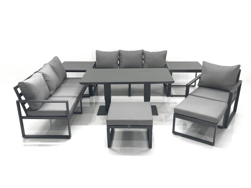 Fimous Outdoor Garden Furniture Set Aluminium Lounge Sofa Adjustable Rising Lifting Dining Table Sets with 2 Big Footstools 2 Side Tables Dark Grey