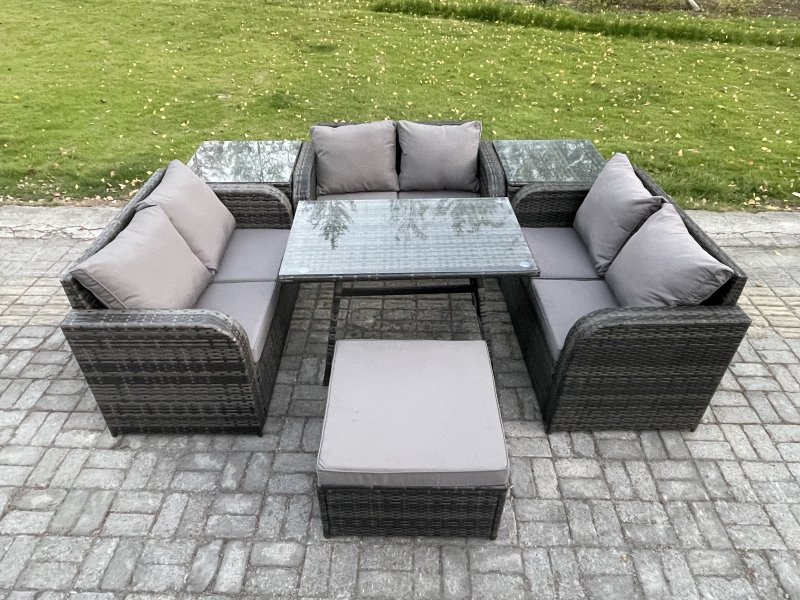 Fimous Rattan Garden Furniture Set 7 Seater Patio Outdoor Love Sofa Set with Rectangular Dining Table 2 Side Tables Big Footstool Dark Grey Mixed