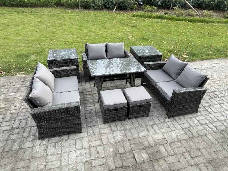 Fimous Outdoor Lounge Sofa Set Wicker PE Rattan Garden Furniture Set with Rectangular Dining Table 2 Seat Sofa 2 Small Footstools 2 Side Tables Dark Grey Mixed