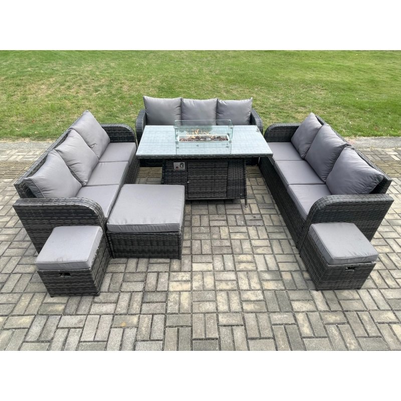 Fimous Outdoor Rattan Furniture Garden Dining Set Gas Fire Pit Table With Lounge Sofa 3 Footstool