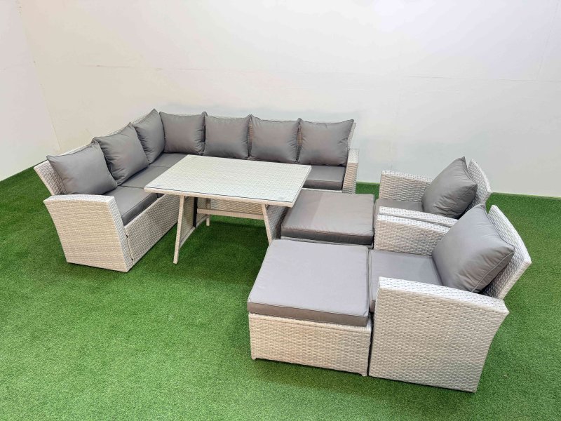 Fimous Garden Outdoor Rattan Furniture Set Rattan Corner Sofa Oblong Dining Table with 2 Armchairs 2 Big Footstools Light Grey Mixed 10 Seater