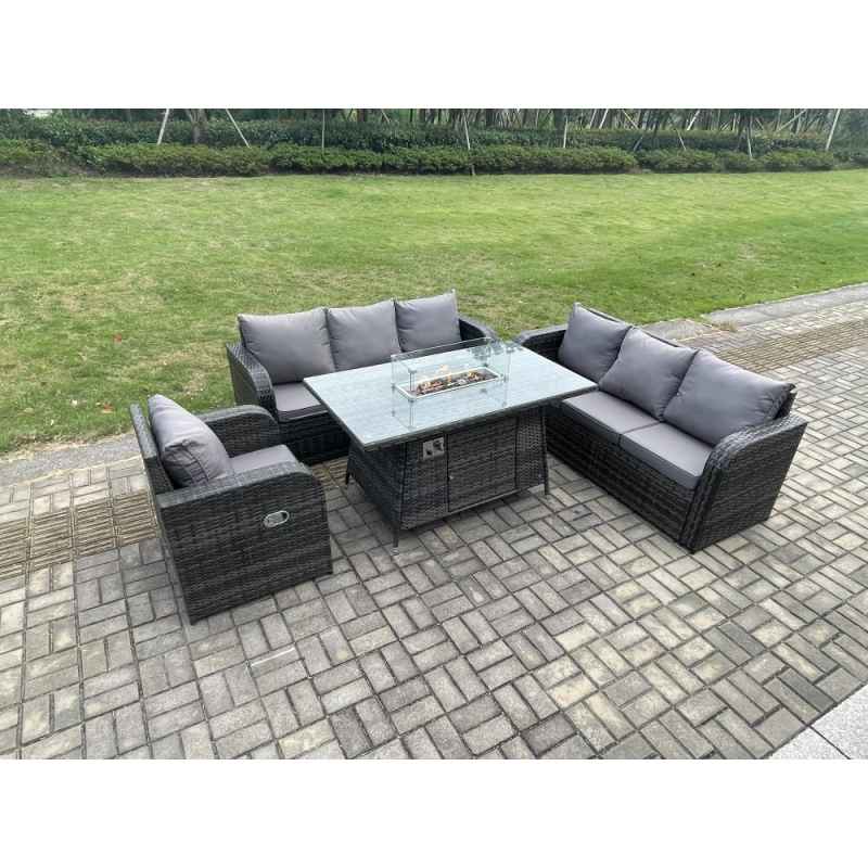 Fimous Rattan Outdoor Furniture Gas Fire Pit Rectangle Dining Table Gas Heater Reclining Chair 3 Seater Sofa Sets 7 Seater