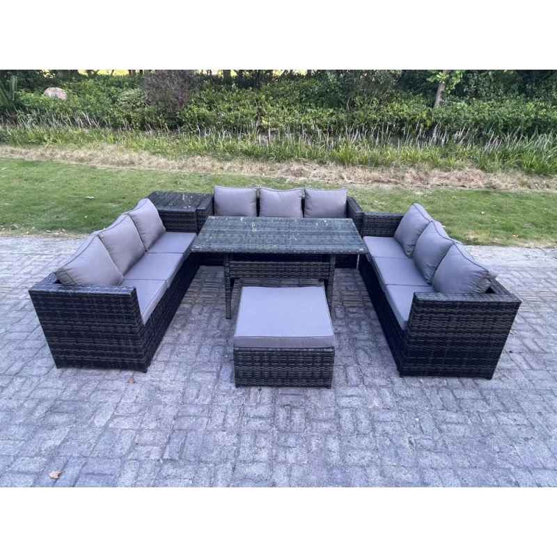Fimous 10 Seater Outdoor Wicker Garden Furniture Rattan Lounge Sofa Set Patio Rectangular Dining Table with Big Footstool Side Table Dark Grey Mixed