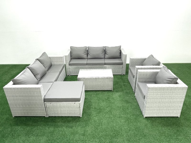 Fimous Outdoor Rattan Sofa Garden Furniture Set with 2 Armchairs Oblong Coffee Table Big Footstool Light Grey Mixed