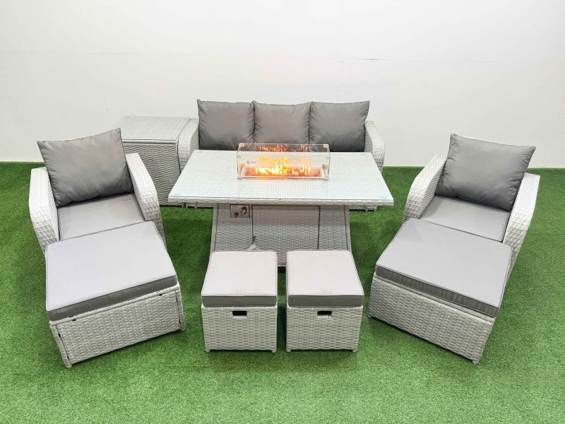 Fimous PE Rattan Lounge Sofa Set 9 Seater Outdoor Garden Furniture Set with Gas Firepit Table 3 Seater Sofa 2 Big Footstools Side Table Light Grey
