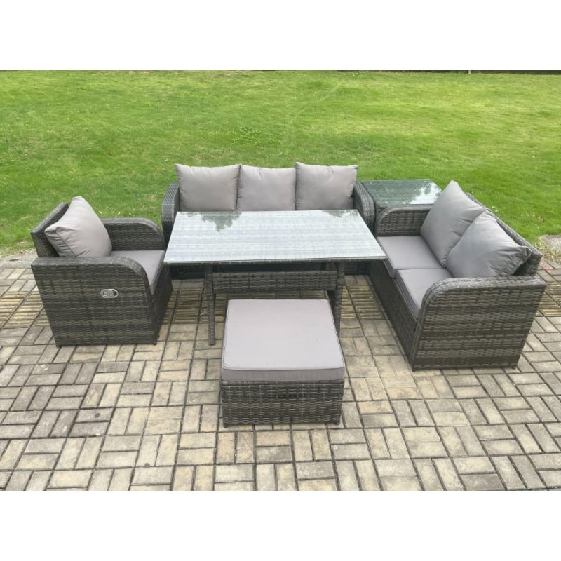 Fimous 7 Seater Garden Rattan Furniture Dining Table Sofa Set Indoor Outdoor with Reclining Chairs Big Footstool Side Table Dark Grey Mixed