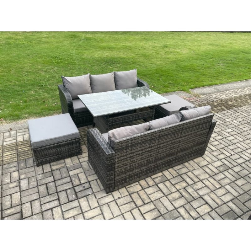 Fimous Patio Rattan Garden Furniture Set with Oblong Rectangular Dining Table 2 Big Footstool 5 Pieces Outdoor Lounge Sofa Set Dark Grey Mixed