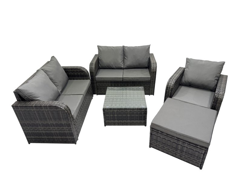 Fimous Rattan Garden Outdoor Furniture Set Love Sofa Square Coffee Table Set with Big Stool Dark Grey Mixed