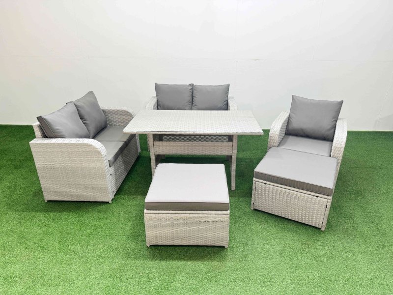 Fimous High Back Poly Rattan Garden Furniture Set with Reclining Chair Loveseat Sofa Rectangular Dining Table Indoor Outdoor Patio Set 2 Big Stool Light Grey