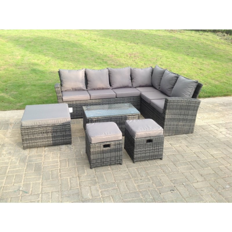 Fimous 9 Seater High Back Rattan Garden Furniture Set Corner Sofa With Oblong Coffee Table And 3 Footstool