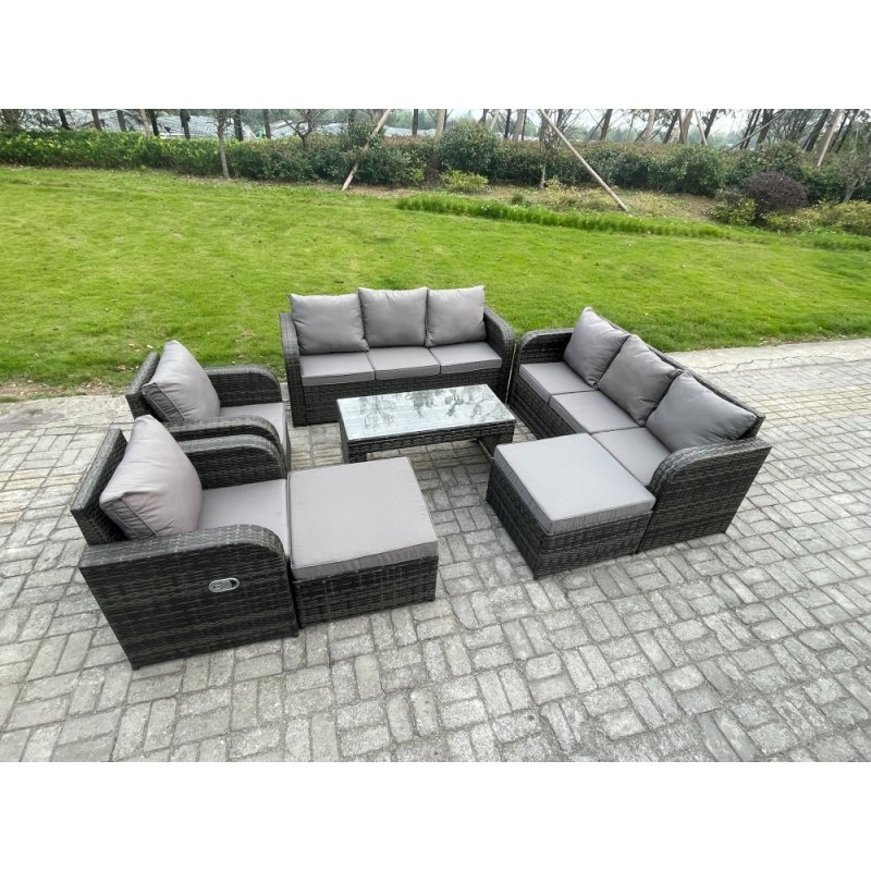 Fimous Rattan Wicker Garden Furniture Patio Conservatory Sofa Set with Rectangular Coffee Table Reclining Chair 2 Big Footstool