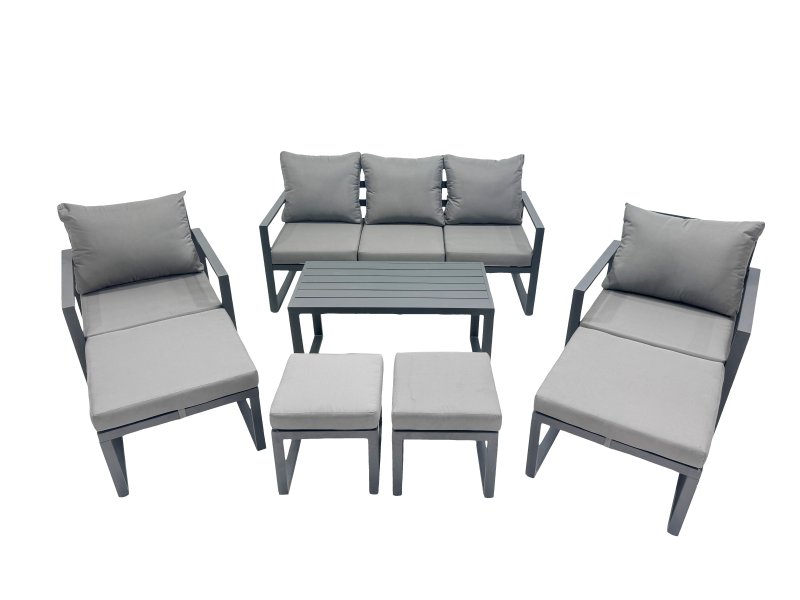 Fimous 9 Seat Outdoor Garden Furniture Set Aluminium Lounge 3 Seat Sofa Oblong Coffee Table Sets with Chair 4 Stools 2 Side Tables Dark Grey