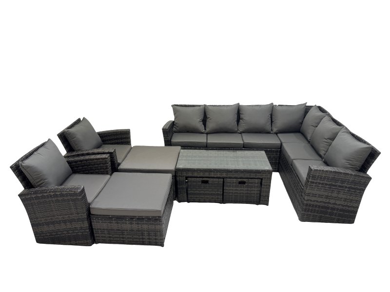 Fimous Rattan Garden Furniture Set 9 Pieces Outdoor Garden Sofa Oblong Coffee Table Set with Chair 4 Footstools Dark Grey Mixed