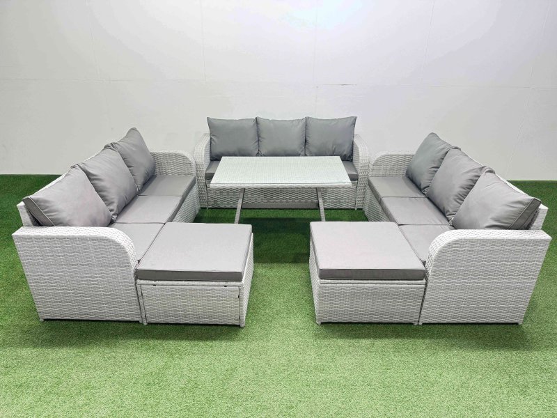 Fimous 11 Seat Outdoor PE Rattan Garden Furniture with Cushions 3 Seater Sofa 2 Big Stools Light Grey