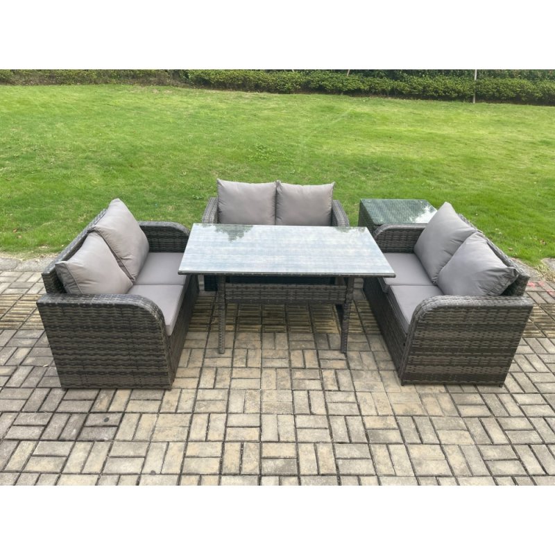 Fimous Wicker PE Rattan Sofa Outdoor Garden Furniture Set with Rectangular Dining Table Side Table Dark Grey Mixed