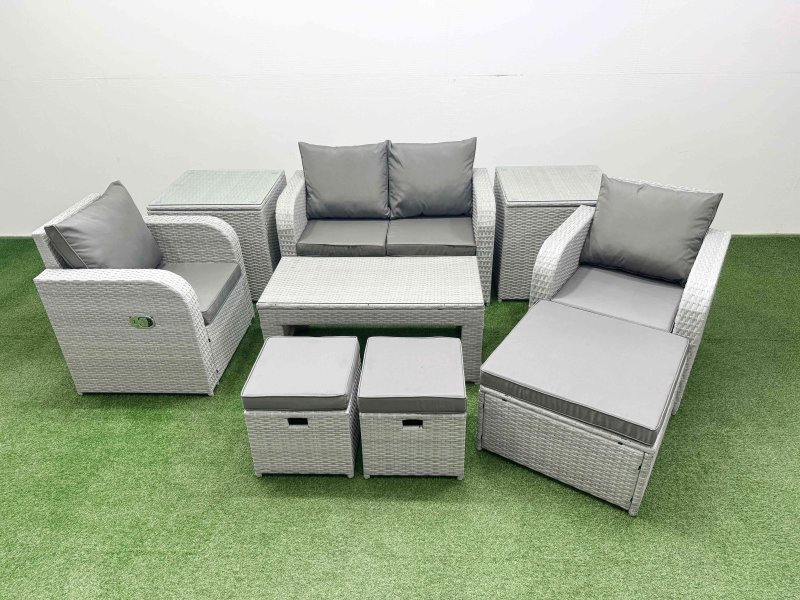 Fimous Light Grey PE Wicker Rattan Garden Furniture Set Sofa Set Reclining Adjustable Chair Oblong Coffee Table 7 Seater 3 Stools 2 Side Table