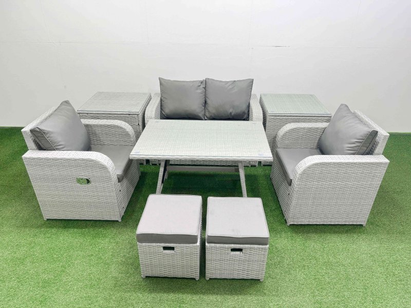 Fimous Light Grey PE Wicker Rattan Garden Furniture Set Sofa Set Reclining Chair Love Sofa Rectangular Dining Table 2 Small Stools 2 Side Tables