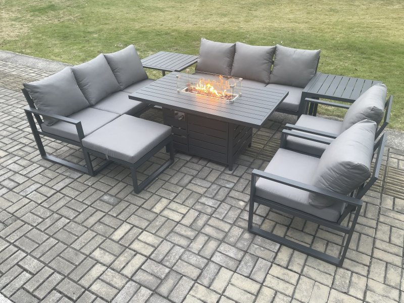 Fimous Aluminium Outdoor Garden Furniture Set Patio Lounge Sofa Gas Fire Pit Dining Table Set with Big Footstool 2 Side Tables Dark Grey