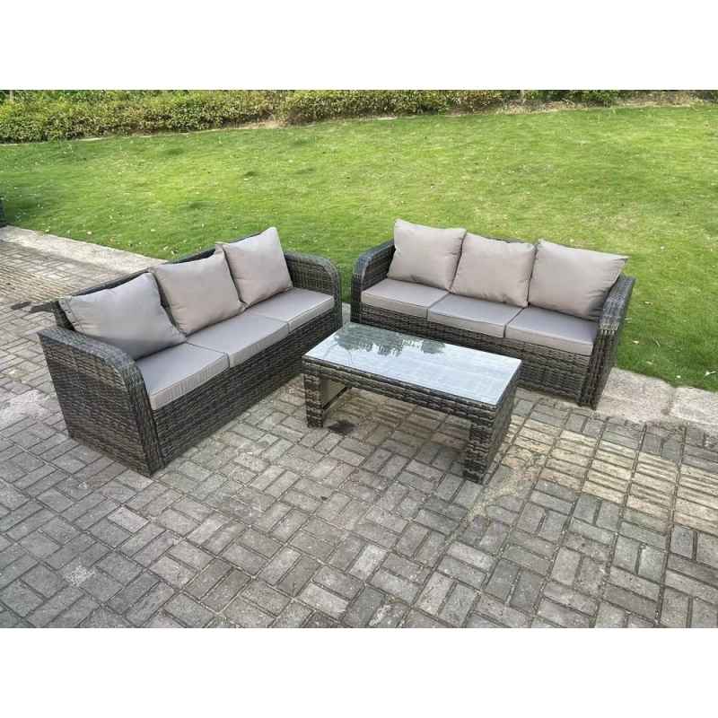 Fimous Dark Grey PE Wicker High Back Rattan Garden Furniture Set Lounge Sofa 3 Seater Sofa Set Outdoor Rectangular Coffee Table 6 Seater