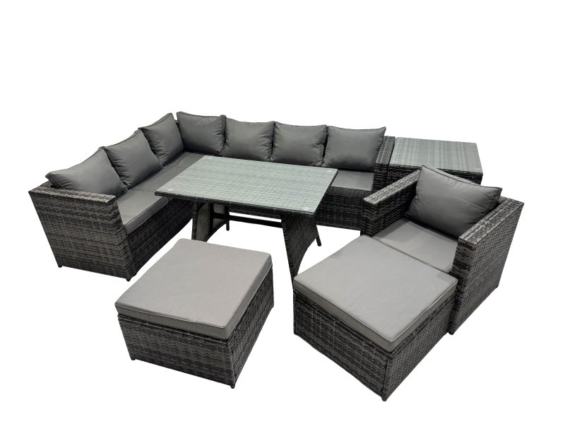 Fimous 9-seater Outdoor PE Rattan Sofa Set with Dining Table Patio Garden Furniture Sets with Chair Side Table 2 Big Stools Dark Grey Mixed