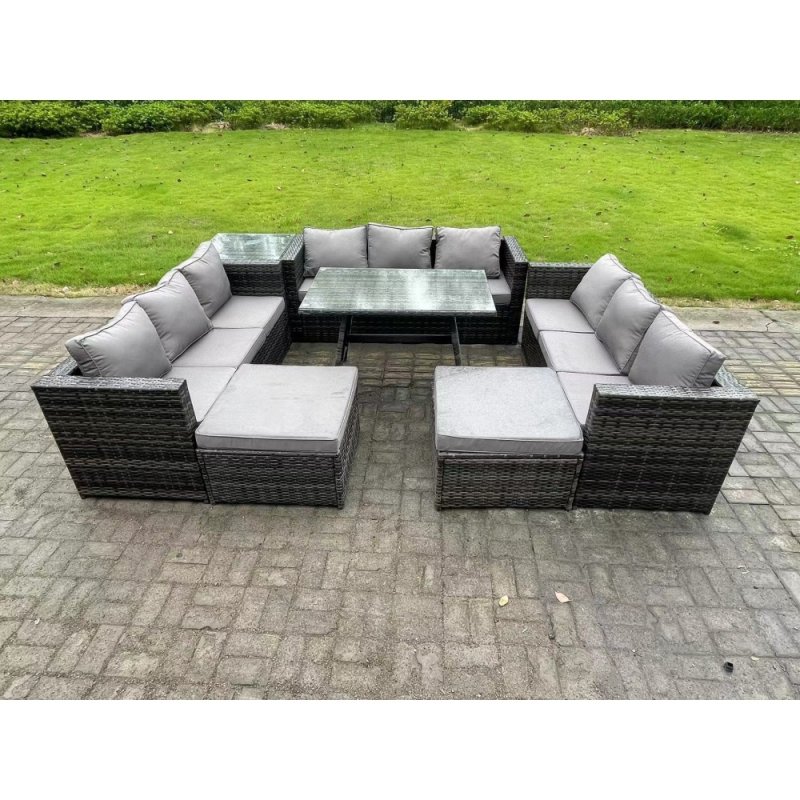 Fimous 11 Seater Rattan Outdoor Furniture Lounge Sofa Garden Dining Set with Dining Table Side Table 2 Big Footstools Dark Grey Mixed