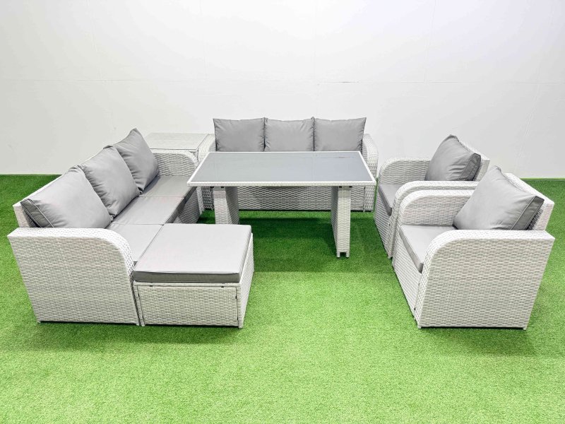 Fimous 9 Seater Wicker PE Rattan Furniture Outdoor Dining Table 3 Seater Sofa Reclining Chair Set with Side Table Big Stool Light Grey