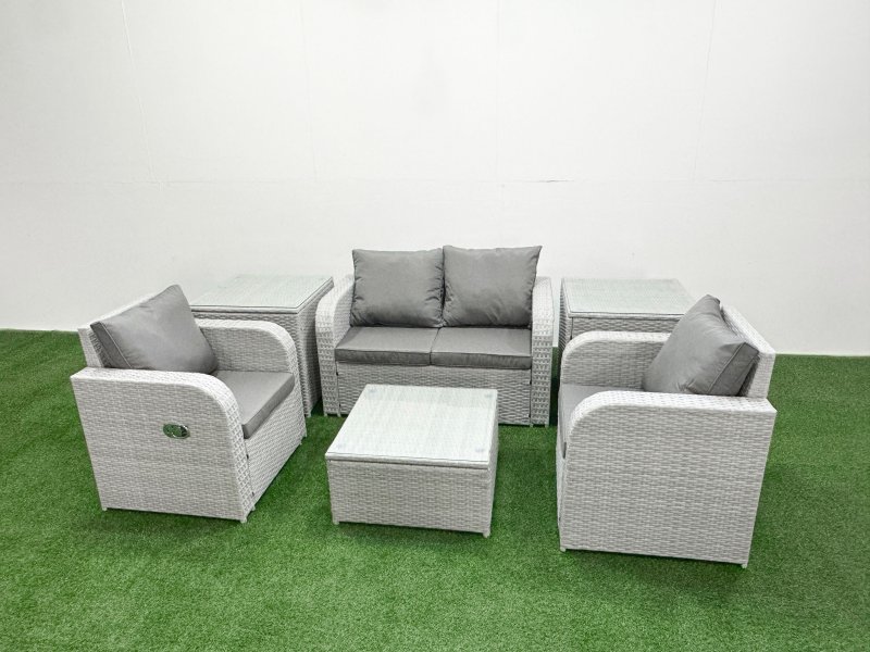 Fimous Light Grey PE Wicker Rattan Garden Furniture Set Sofa Set Reclining Adjustable Chair Square Coffee Table 4 Seater With 2 Side Table