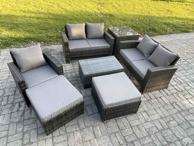 Fimous Rattan Garden Furniture Set 7 Seater Patio Outdoor Lounge Sofa Chair Set with Rectangular Coffee Table 2 Big Footstool Side Table Dark Grey Mixed
