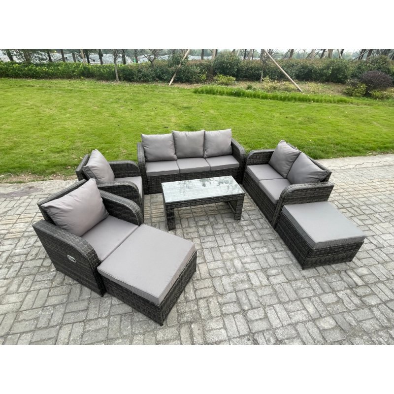 Fimous Rattan Wicker Garden Furniture Patio Conservatory Sofa Set with Rectangular Coffee Table Reclining Chair 2 Big Footstool 3 Seater Sofa