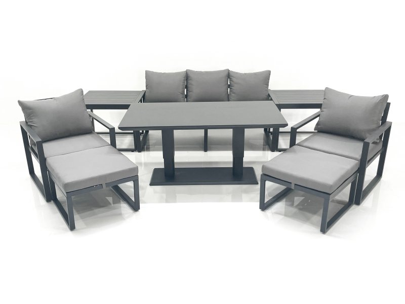 Fimous Outdoor Aluminium Garden Furniture Set with Adjustable Rising Lifting Dining Table 3 Seater Sofa 2 Chair 2 Big Footstools 2 Side Tables Dark Grey